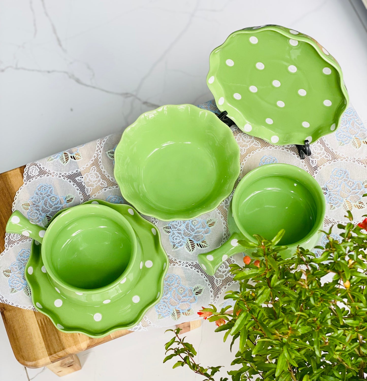 Set ăn sáng 5 món (1 tô, 2 chén lớn có tay cầm, 2 dĩa) gốm sứ siêu xinh - Decor ltx