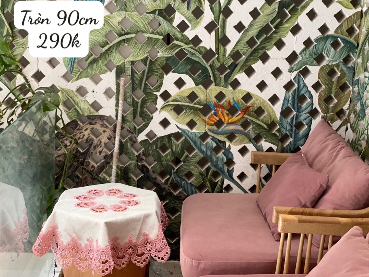 Khăn trải bàn vải gấm phối ren hình tròn - Decor