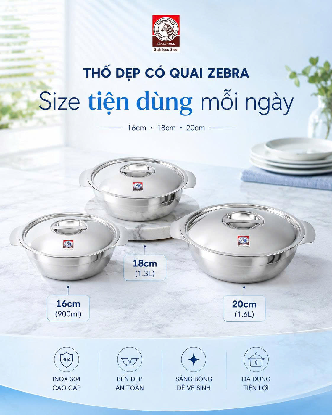 Thố dẹp 2 quai tai gấu - Zebra Thái Lan