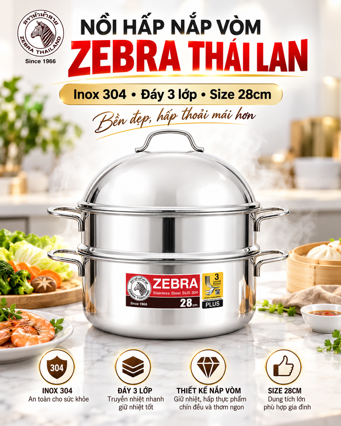 NỒI HẤP 2 TẦNG NẮP VÒM - ZEBRA THÁI LAN 🇹🇭🇹🇭🇹🇭