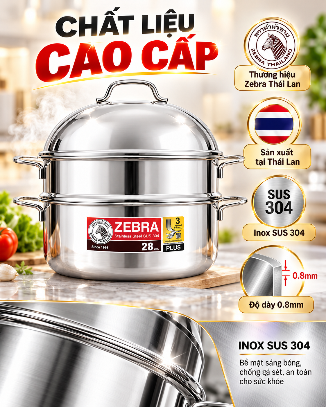 NỒI HẤP 2 TẦNG NẮP VÒM - ZEBRA THÁI LAN 🇹🇭🇹🇭🇹🇭