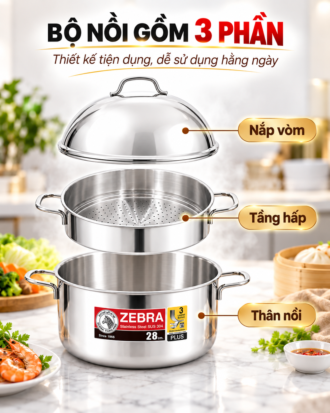 NỒI HẤP 2 TẦNG NẮP VÒM - ZEBRA THÁI LAN 🇹🇭🇹🇭🇹🇭