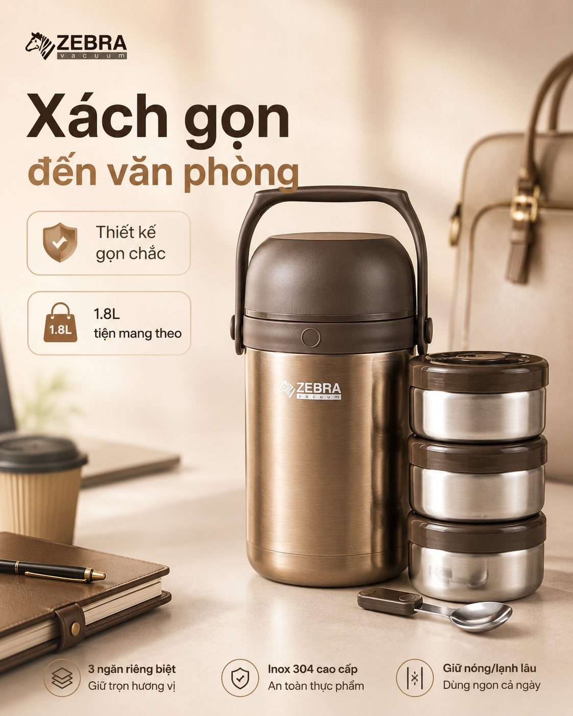 CAMEN HOẶC HỘP CƠM, CẶP LỒNG CƠM GIỮ NHIỆT ZEBRA 3 ngăn, 1.8 lít