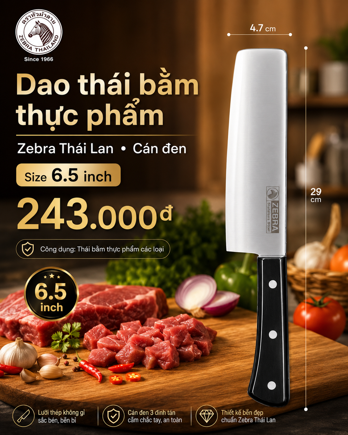 BỘ DAO ZEBRA THÁI LAN - CÁN NHỰA