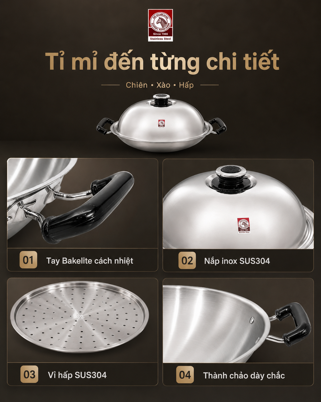 CHẢO HẤP 2 QUAI ZEBRA THÁI LAN - 5 LỚP NGUYÊN KHỐI