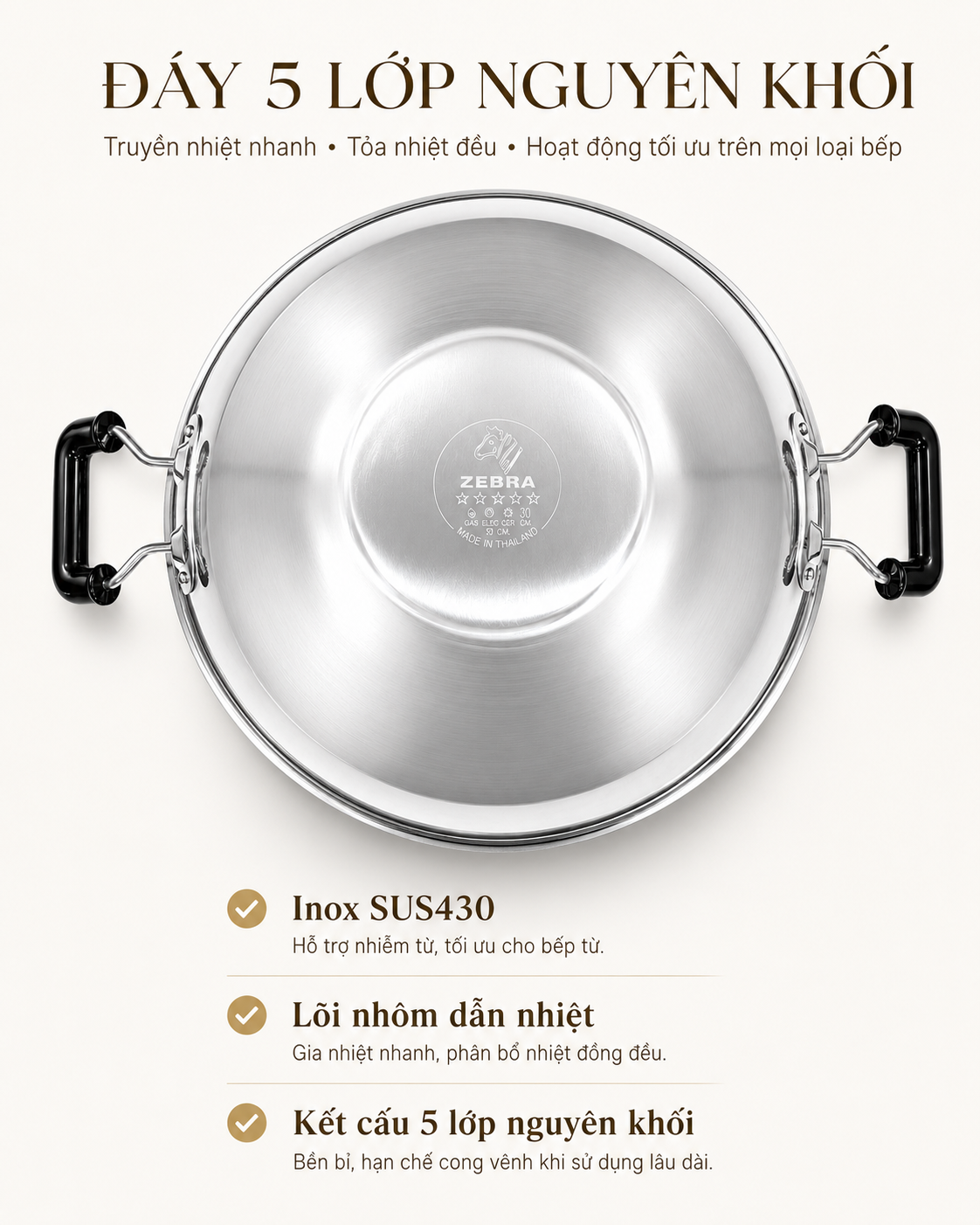 CHẢO HẤP 2 QUAI ZEBRA THÁI LAN - 5 LỚP NGUYÊN KHỐI