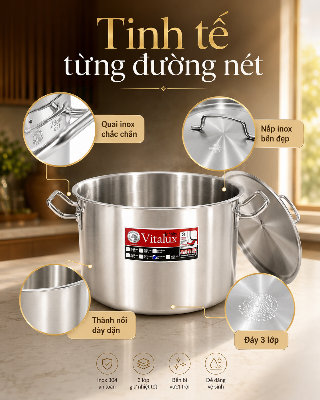 NỒI LUỘC GÀ ZEBRA THÁI LAN DÁNG THẤP từ 24cm đến 36cm / 9.5 đến 25 lít
