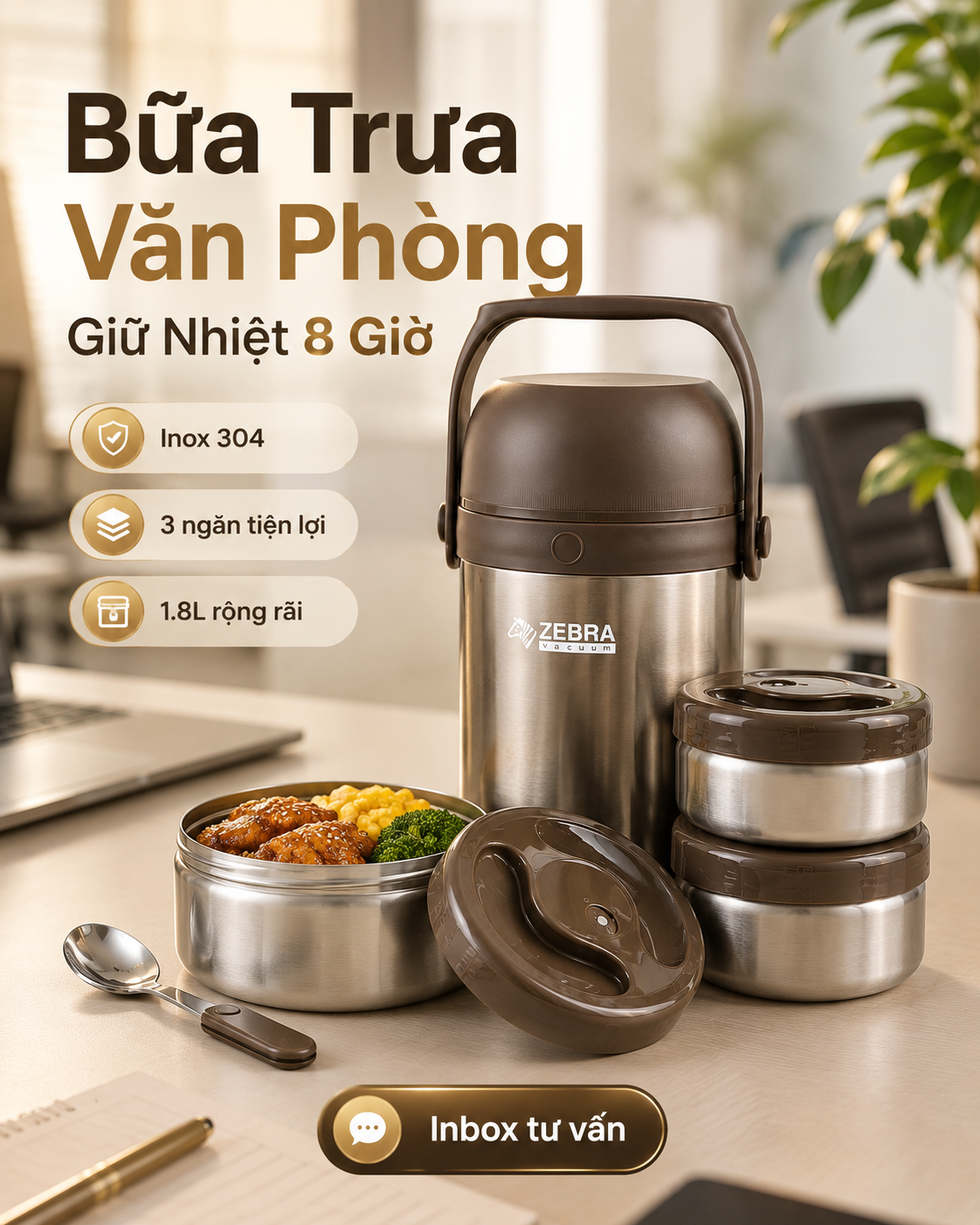 CAMEN HOẶC HỘP CƠM, CẶP LỒNG CƠM GIỮ NHIỆT ZEBRA 3 ngăn, 1.8 lít