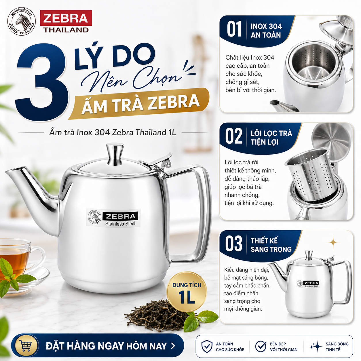 Ấm trà inox Zebra Thái Lan - ltx