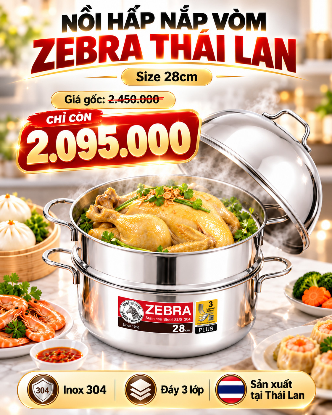 NỒI HẤP 2 TẦNG NẮP VÒM - ZEBRA THÁI LAN 🇹🇭🇹🇭🇹🇭