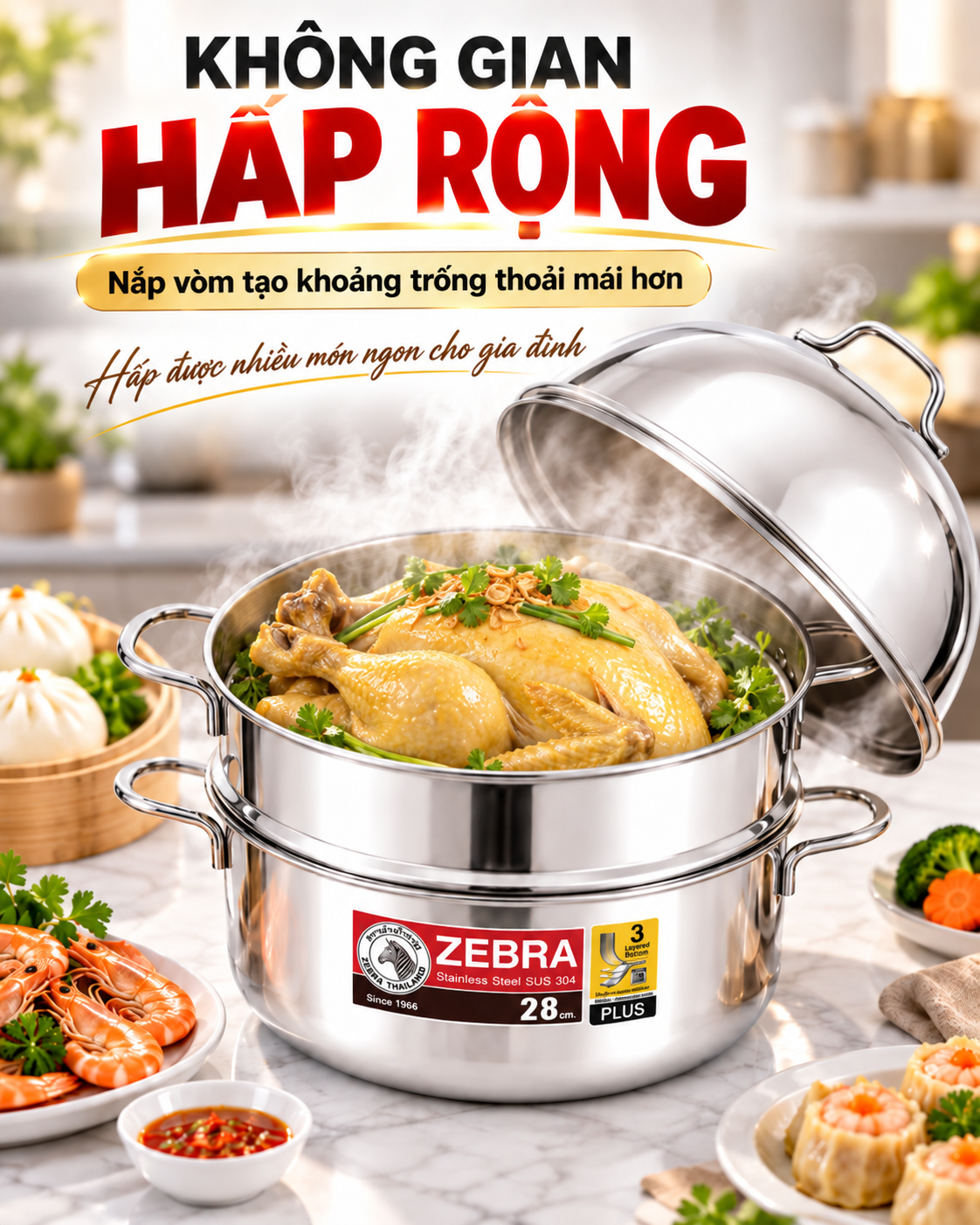 NỒI HẤP 2 TẦNG NẮP VÒM - ZEBRA THÁI LAN 🇹🇭🇹🇭🇹🇭