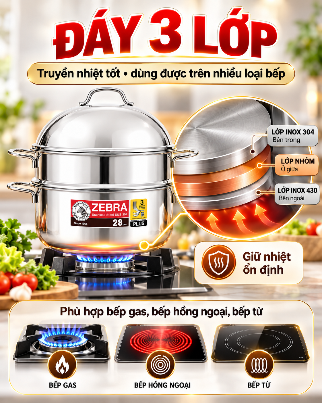 NỒI HẤP 2 TẦNG NẮP VÒM - ZEBRA THÁI LAN 🇹🇭🇹🇭🇹🇭