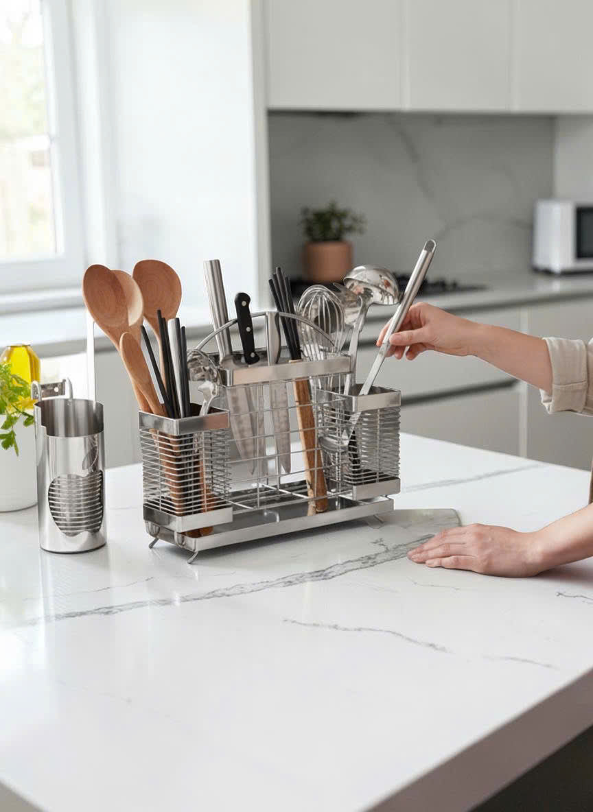 KỆ DAO THỚT INOX 304 CÓ KHAY HỨNG