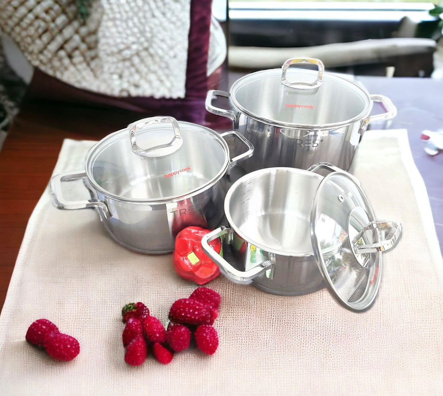 🫑 Bộ 3 nồi inox 3 lớp đáy liền Happy Cook Tres+ 🍓